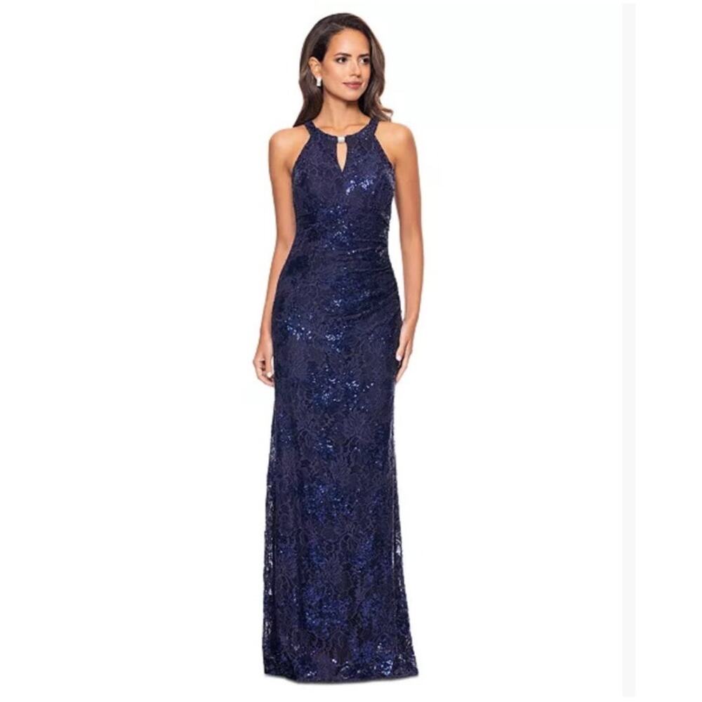 NWT B & A by Betsy & Adam Column Navy Sequin Foral Halterneck Gown 10